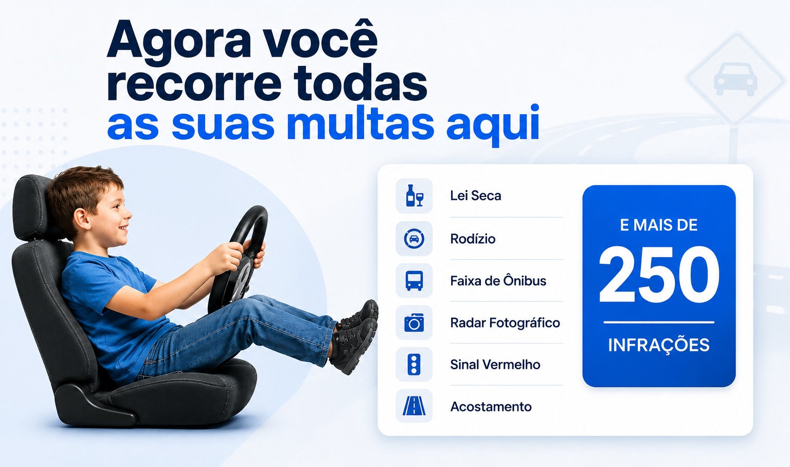 Converter multa em advert&ecirc;ncia sem complica&ccedil;&atilde;o. Voc&ecirc; livre de pagamento e perda de pontos. Lei Seca, Rod&iacute;zio, Faixa de &Ocirc;nibus, Radar Fotogr&aacute;fico, Sinal Vermelho, Acostamento e mais de 250 infra&ccedil;&otilde;es.